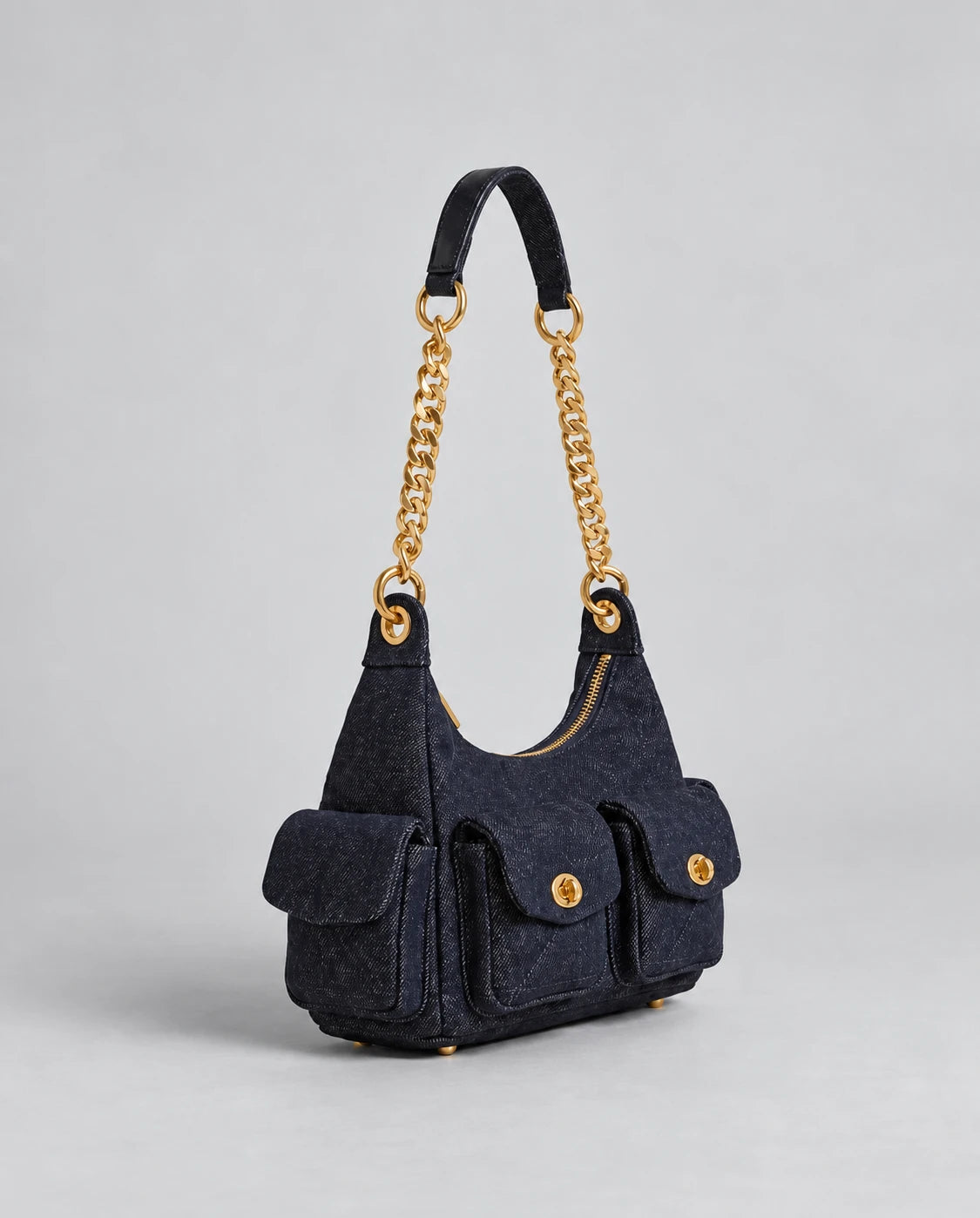 Denim Shoulder Bag - Gold Chain in Black Denim — side view